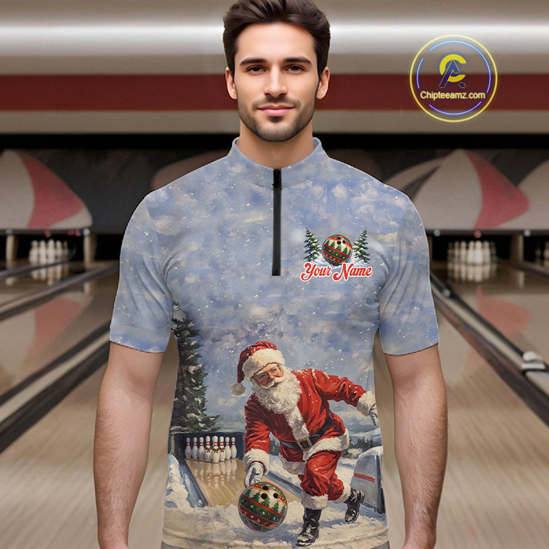 Christmas Bowling Shirt For Women Custom Santa Claus Bowler Snow Xmas Bowling Polo 1/4-Zip Jersey NYN4512