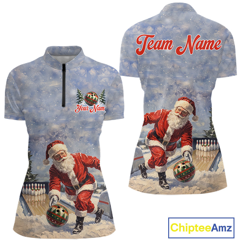 Christmas Bowling Shirt For Men Custom Santa Claus Bowler Snow Xmas Bowling Polo 1/4-Zip Jersey NYN4512