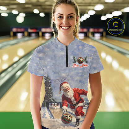 Christmas Bowling Shirt For Men Custom Santa Claus Bowler Snow Xmas Bowling Polo 1/4-Zip Jersey NYN4512