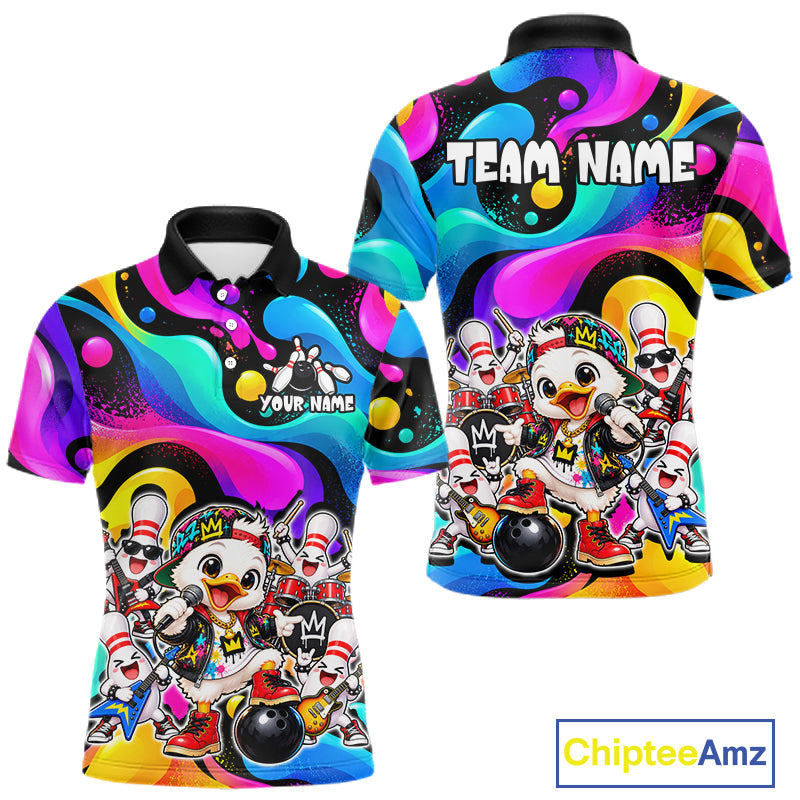 Custom Funny Hiphop Duck Bank Bowling Polo 1/4-Zip Shirt For Men Colorful Bowling Team Jersey NYN4861