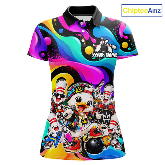 Custom Funny Hiphop Duck Bank Bowling Polo 1/4-Zip Shirt For Women Colorful Bowling Team Jersey NYN4861