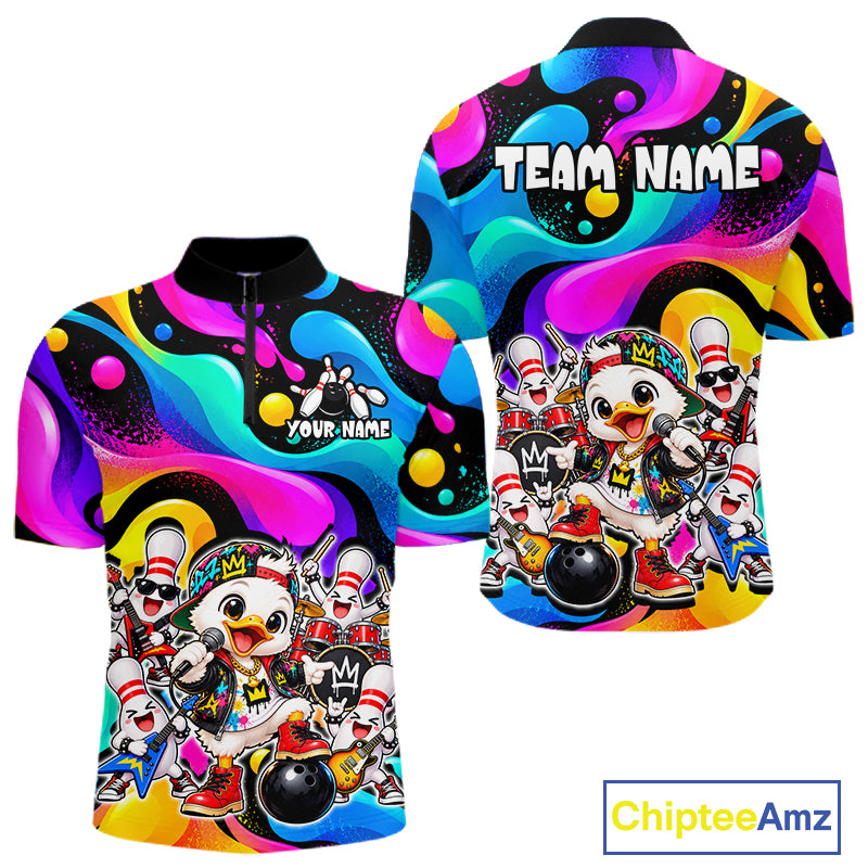 Custom Funny Hiphop Duck Bank Bowling Polo 1/4-Zip Shirt For Men Colorful Bowling Team Jersey NYN4861