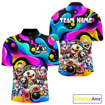 Custom Funny Hiphop Duck Bank Bowling Polo 1/4-Zip Shirt For Men Colorful Bowling Team Jersey NYN4861