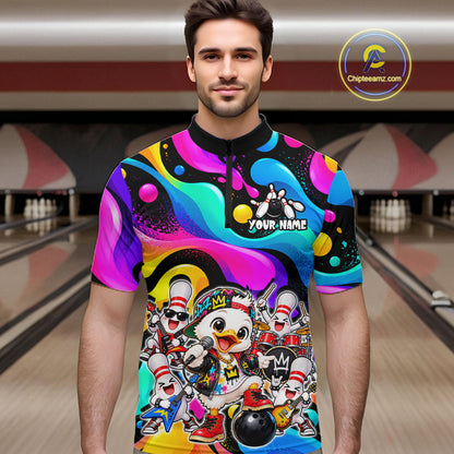 Custom Funny Hiphop Duck Bank Bowling Polo 1/4-Zip Shirt For Men Colorful Bowling Team Jersey NYN4861