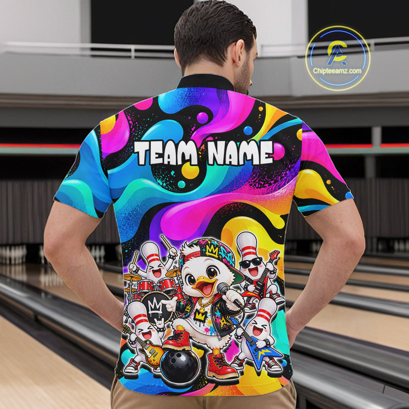 Custom Funny Hiphop Duck Bank Bowling Polo 1/4-Zip Shirt For Men Colorful Bowling Team Jersey NYN4861