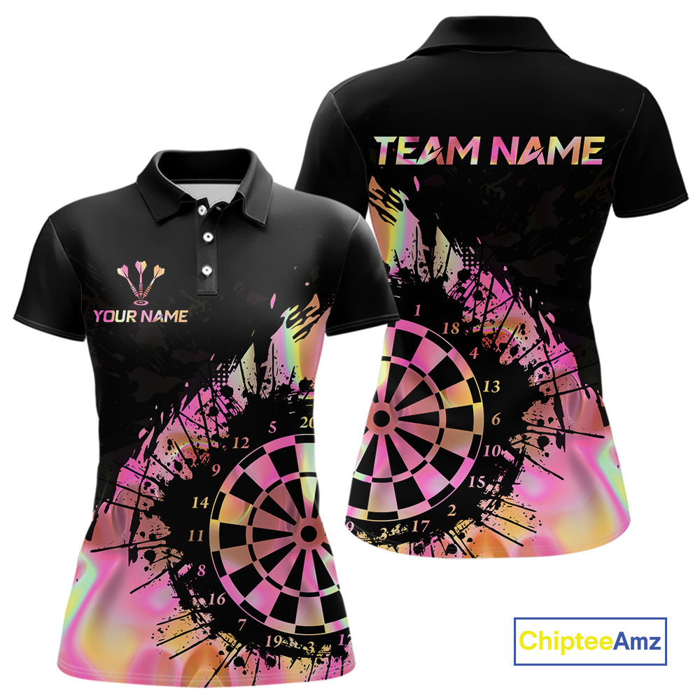 Pink Holographic Dartboard Grunge Darts Polo Shirts For Women Custom Name For Darters NYN2705