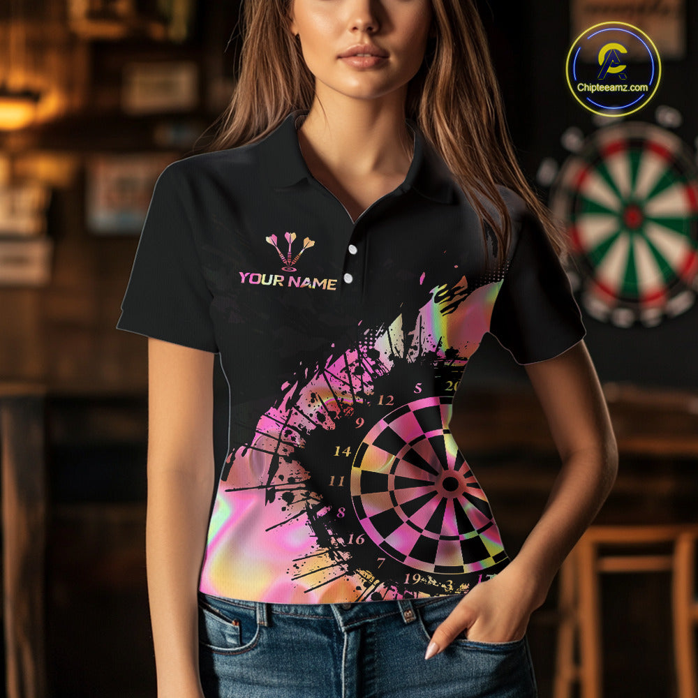 Pink Holographic Dartboard Grunge Darts Polo Shirts For Women Custom Name For Darters NYN2705