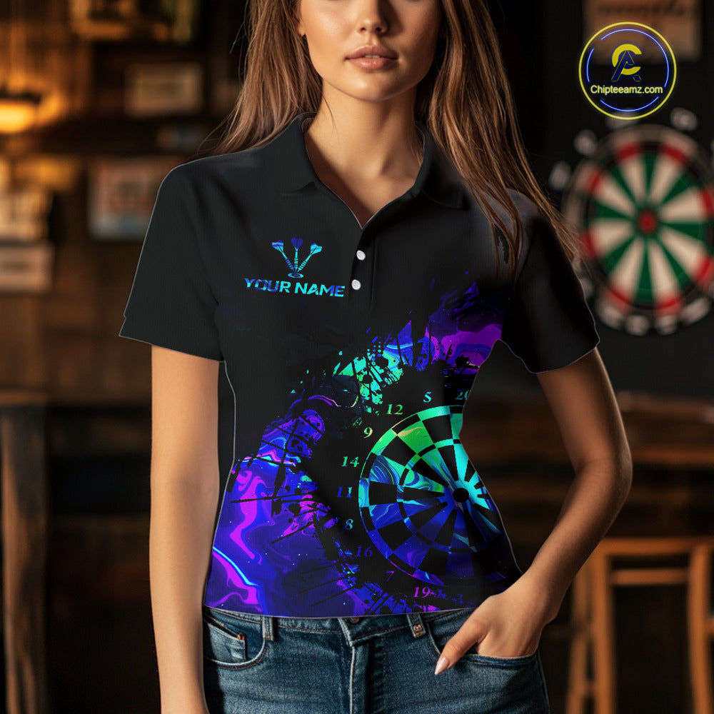 Blue Holographic Dartboard Grunge Darts Polo Shirts For Women Custom Name For Darters NYN2706