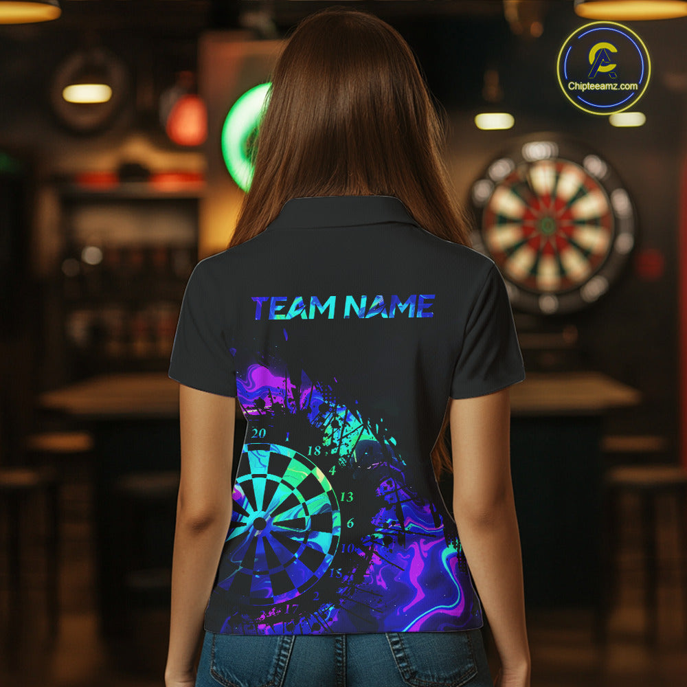 Blue Holographic Dartboard Grunge Darts Polo Shirts For Women Custom Name For Darters NYN2706