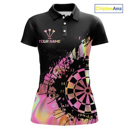 Pink Holographic Dartboard Grunge Darts Polo Shirts For Women Custom Name For Darters NYN2705