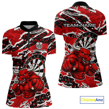 Personalized Women Darts Bull Grunge Red Polo Shirt Custom Name Polo 1/4-Zip Shirt Gift For Darters NYN2856
