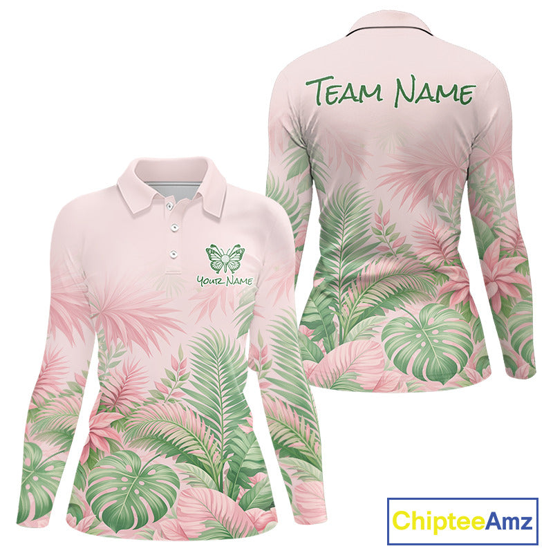 Personalized Green And Pink Tropical Pattern Custom Golf Polo Shirt For Women Golf Team Clothes NYN2864