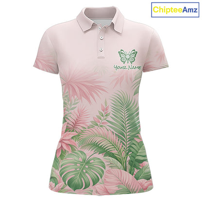 Personalized Green And Pink Tropical Pattern Custom Golf Polo Shirt For Women Golf Team Clothes NYN2864