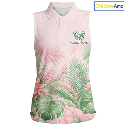 Personalized Green And Pink Tropical Pattern Custom Golf Sleeveless Polo Shirt For Women Golf Team Clothes NYN2864