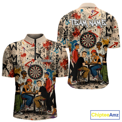 Grunge Graffiti Funny Friends And Beer Mens Darts Shirt Custom Polo 1/4 Zip Team Darts Jersey NYN3243