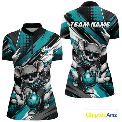Grunge Turquoise Bear Quarter-Zip Bowling Shirt featuring personalized player name, funny bear mascot, breathable tournament jersey, moisture-wicking bowling apparel, custom league sportswear, wildlife-inspired athletic clothing.