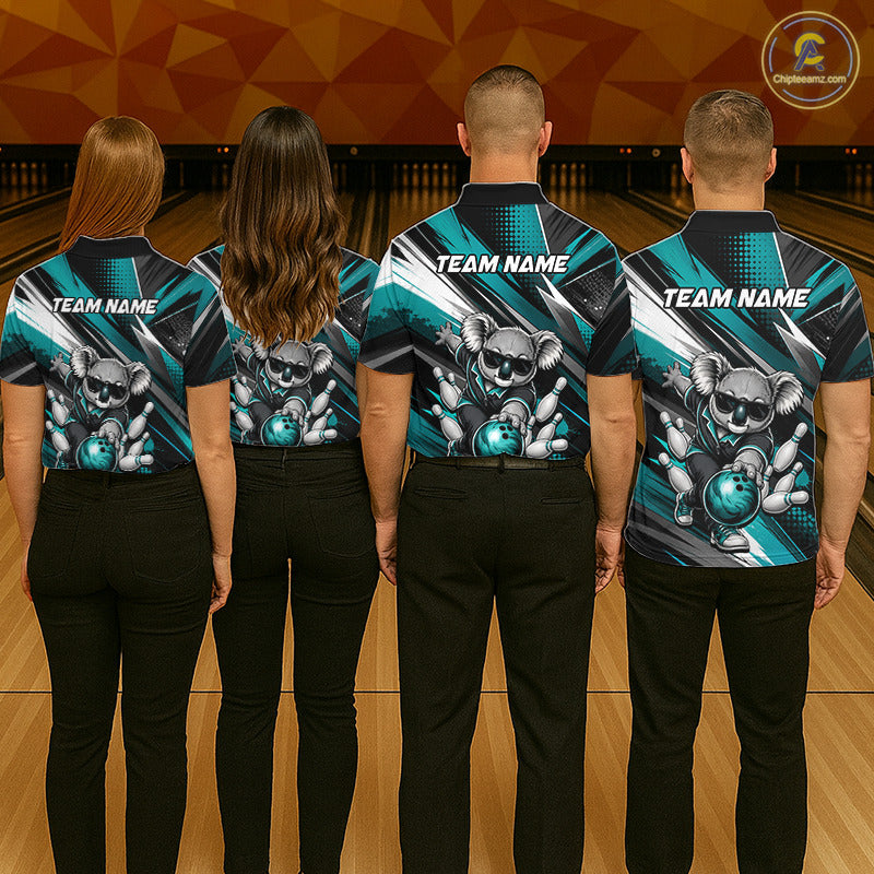 Bowling team wearing matching Funny Bear jerseys with personalized names, mascot-inspired uniforms, league champions, USBC tournament apparel, corporate team building, friendship, teamwork, outdoor adventure, wildlife symbolism, championship spirit.