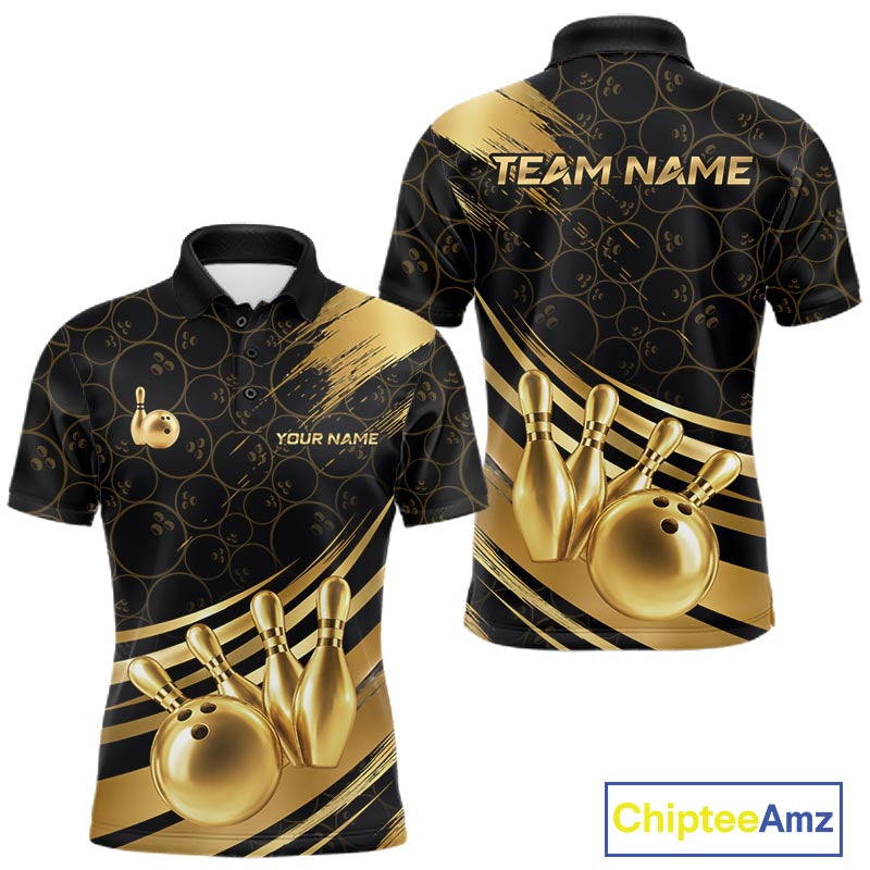 Black And Gold Splatter Paint Bowling Shirt For Men Custom Polo Quarter-Zip Bowling Team Jersey NYN4124