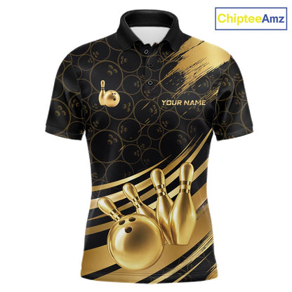Black And Gold Splatter Paint Bowling Shirt For Men Custom Polo Quarter-Zip Bowling Team Jersey NYN4124