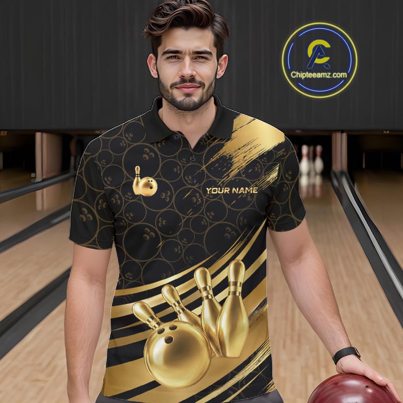 Black And Gold Splatter Paint Bowling Shirt For Men Custom Polo Quarter-Zip Bowling Team Jersey NYN4124