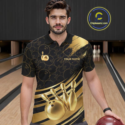 Black And Gold Splatter Paint Bowling Shirt For Men Custom Polo Quarter-Zip Bowling Team Jersey NYN4124