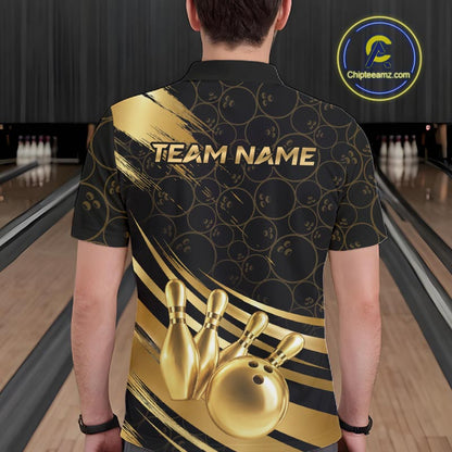 Black And Gold Splatter Paint Bowling Shirt For Men Custom Polo Quarter-Zip Bowling Team Jersey NYN4124