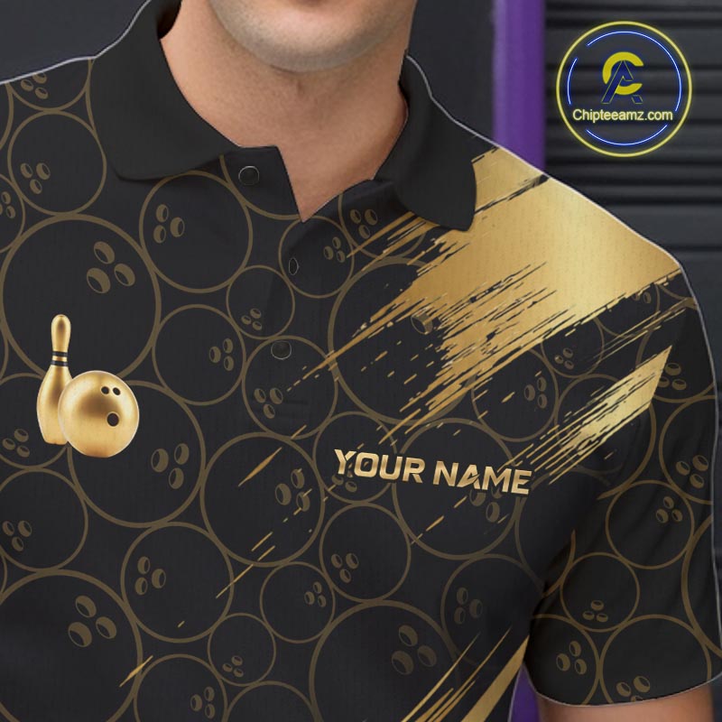 Black And Gold Splatter Paint Bowling Shirt For Men Custom Polo Quarter-Zip Bowling Team Jersey NYN4124