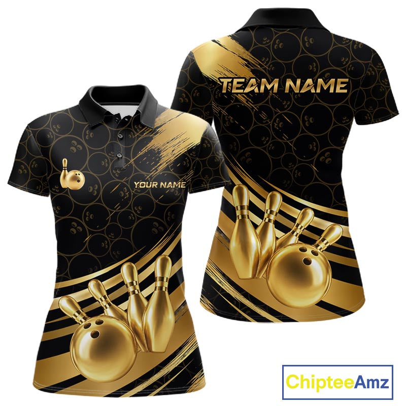 Black And Gold Splatter Paint Bowling Shirt For Women Custom Polo Quarter-Zip Bowling Team Jersey NYN4124