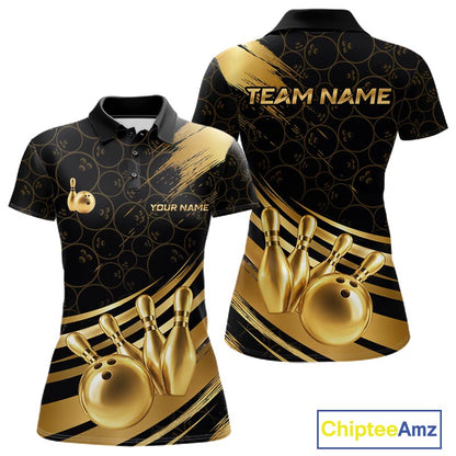 Black And Gold Splatter Paint Bowling Shirt For Women Custom Polo Quarter-Zip Bowling Team Jersey NYN4124