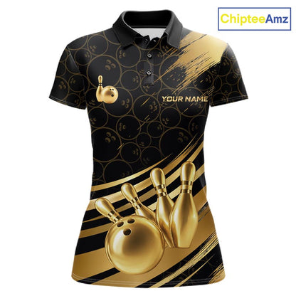 Black And Gold Splatter Paint Bowling Shirt For Women Custom Polo Quarter-Zip Bowling Team Jersey NYN4124