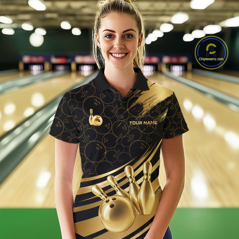 Black And Gold Splatter Paint Bowling Shirt For Women Custom Polo Quarter-Zip Bowling Team Jersey NYN4124