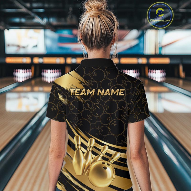 Black And Gold Splatter Paint Bowling Shirt For Women Custom Polo Quarter-Zip Bowling Team Jersey NYN4124