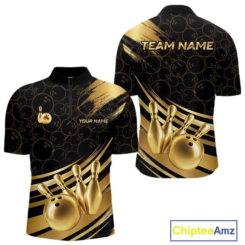 Black And Gold Splatter Paint Bowling Shirt For Men Custom Polo Quarter-Zip Bowling Team Jersey NYN4124