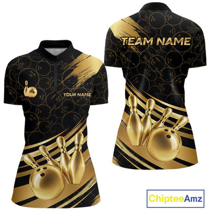 Black And Gold Splatter Paint Bowling Shirt For Women Custom Polo Quarter-Zip Bowling Team Jersey NYN4124