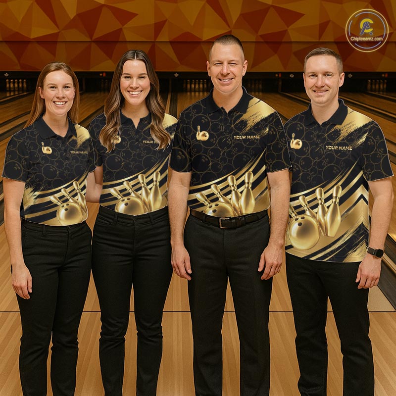 Black And Gold Splatter Paint Bowling Shirt For Men Custom Polo Quarter-Zip Bowling Team Jersey NYN4124