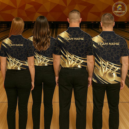 Black And Gold Splatter Paint Bowling Shirt For Men Custom Polo Quarter-Zip Bowling Team Jersey NYN4124