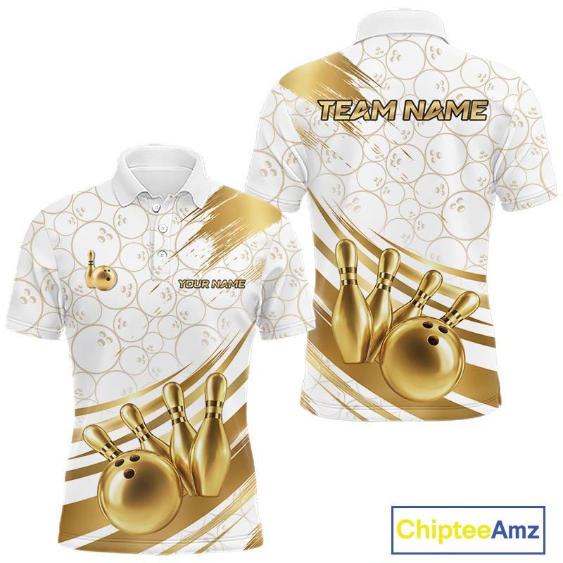 White And Gold Splatter Paint Bowling Shirt For Men Custom Polo Quarter-Zip Bowling Team Jersey NYN4125