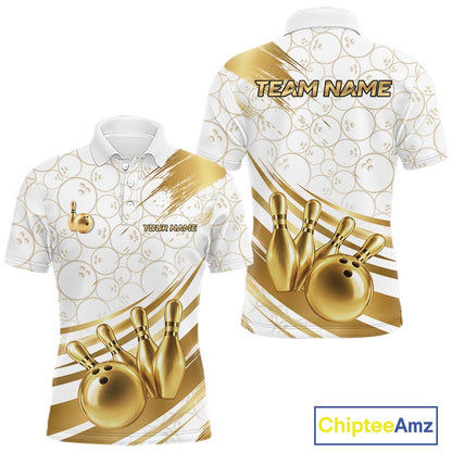 White And Gold Splatter Paint Bowling Shirt For Men Custom Polo Quarter-Zip Bowling Team Jersey NYN4125