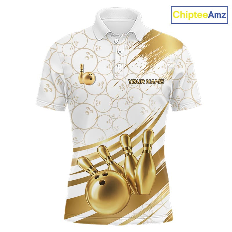 White And Gold Splatter Paint Bowling Shirt For Men Custom Polo Quarter-Zip Bowling Team Jersey NYN4125