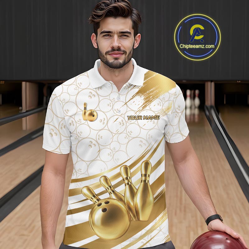 White And Gold Splatter Paint Bowling Shirt For Men Custom Polo Quarter-Zip Bowling Team Jersey NYN4125