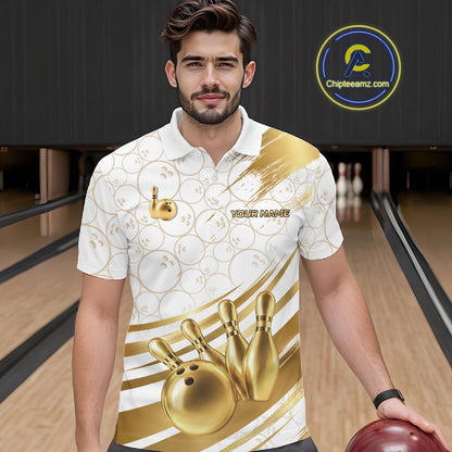 White And Gold Splatter Paint Bowling Shirt For Men Custom Polo Quarter-Zip Bowling Team Jersey NYN4125
