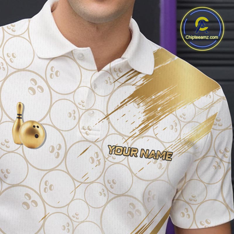 White And Gold Splatter Paint Bowling Shirt For Men Custom Polo Quarter-Zip Bowling Team Jersey NYN4125