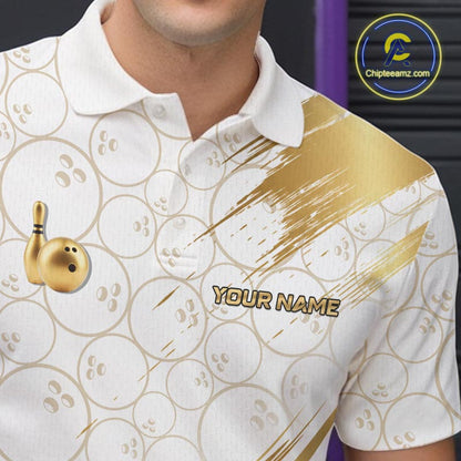 White And Gold Splatter Paint Bowling Shirt For Men Custom Polo Quarter-Zip Bowling Team Jersey NYN4125