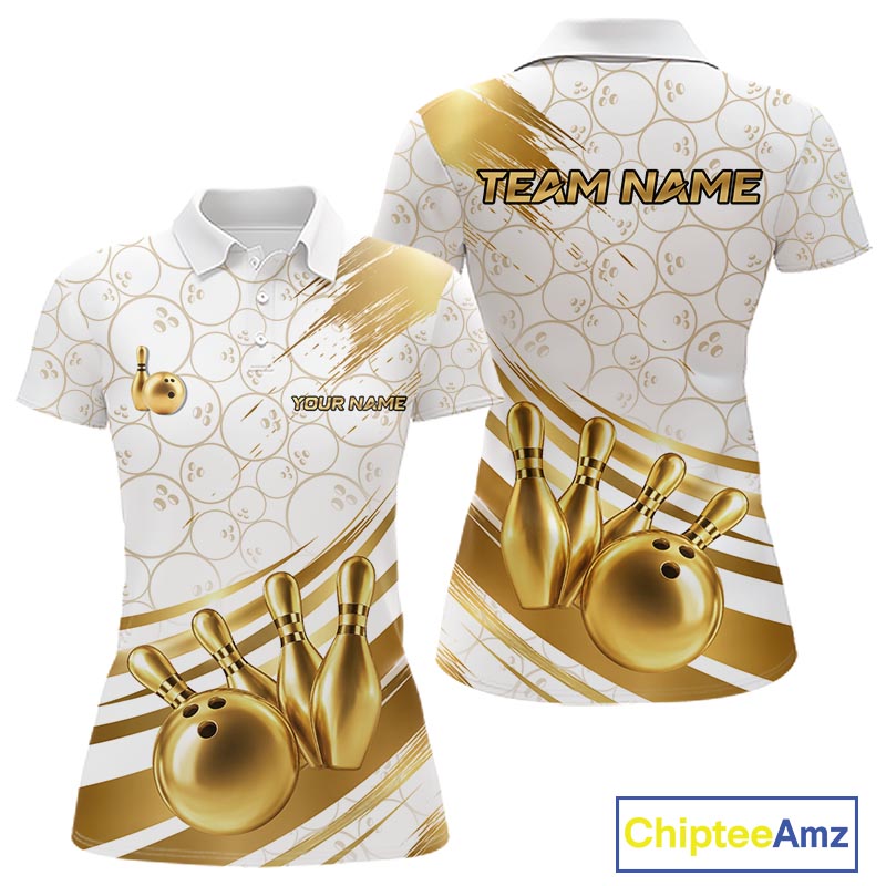 White And Gold Splatter Paint Bowling Shirt For Women Custom Polo Quarter-Zip Bowling Team Jersey NYN4125