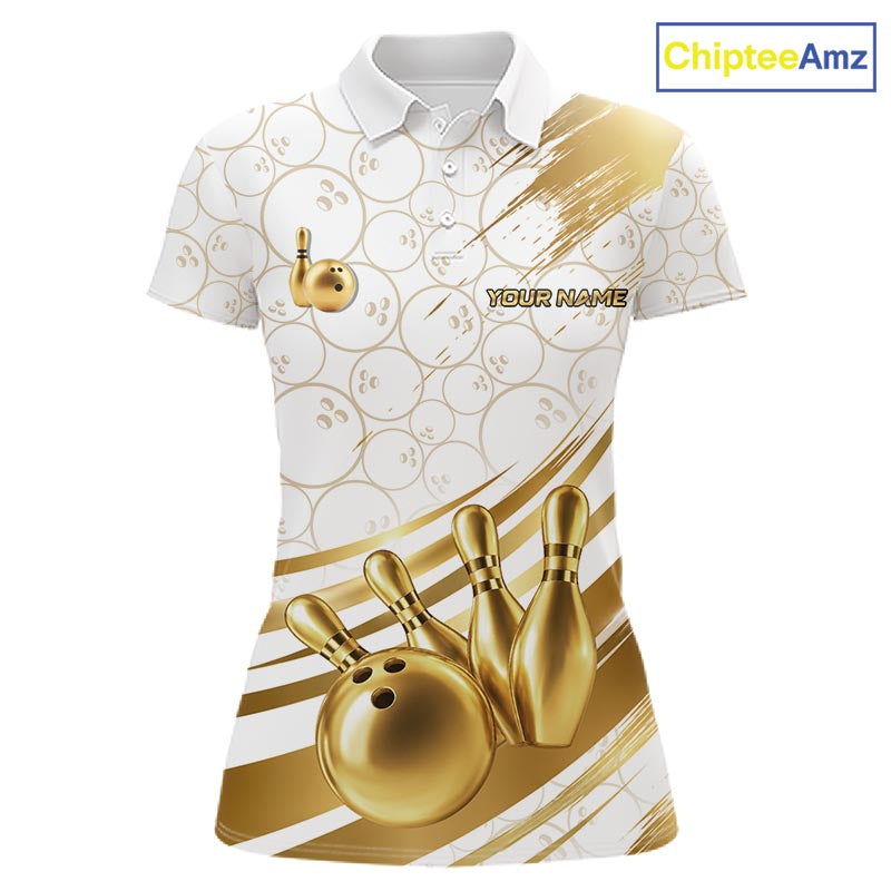 White And Gold Splatter Paint Bowling Shirt For Women Custom Polo Quarter-Zip Bowling Team Jersey NYN4125