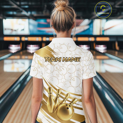 White And Gold Splatter Paint Bowling Shirt For Women Custom Polo Quarter-Zip Bowling Team Jersey NYN4125