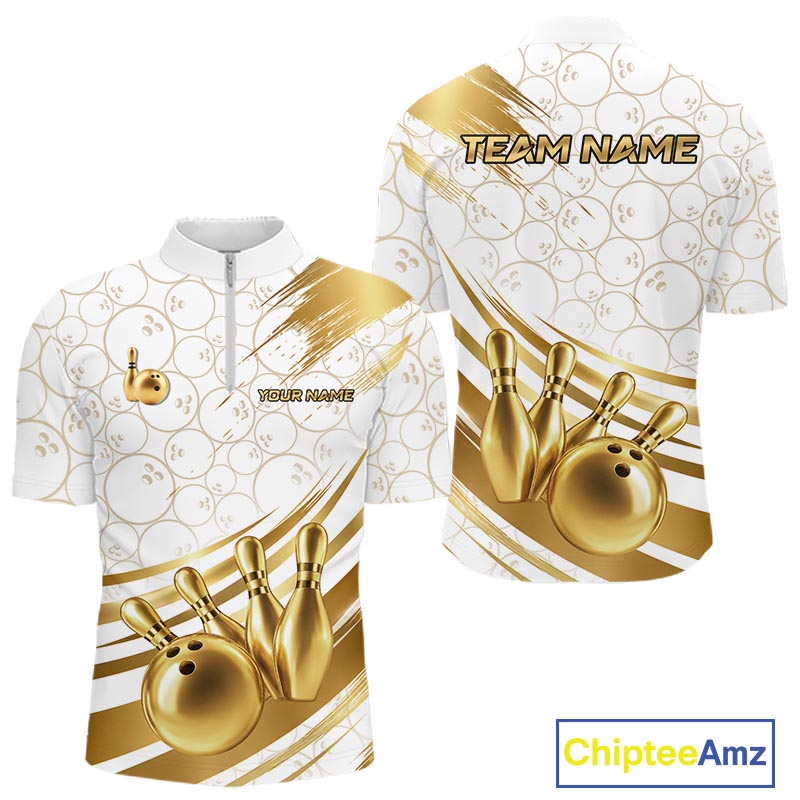 White And Gold Splatter Paint Bowling Shirt For Men Custom Polo Quarter-Zip Bowling Team Jersey NYN4125