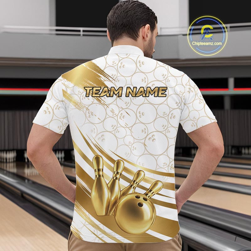White And Gold Splatter Paint Bowling Shirt For Men Custom Polo Quarter-Zip Bowling Team Jersey NYN4125