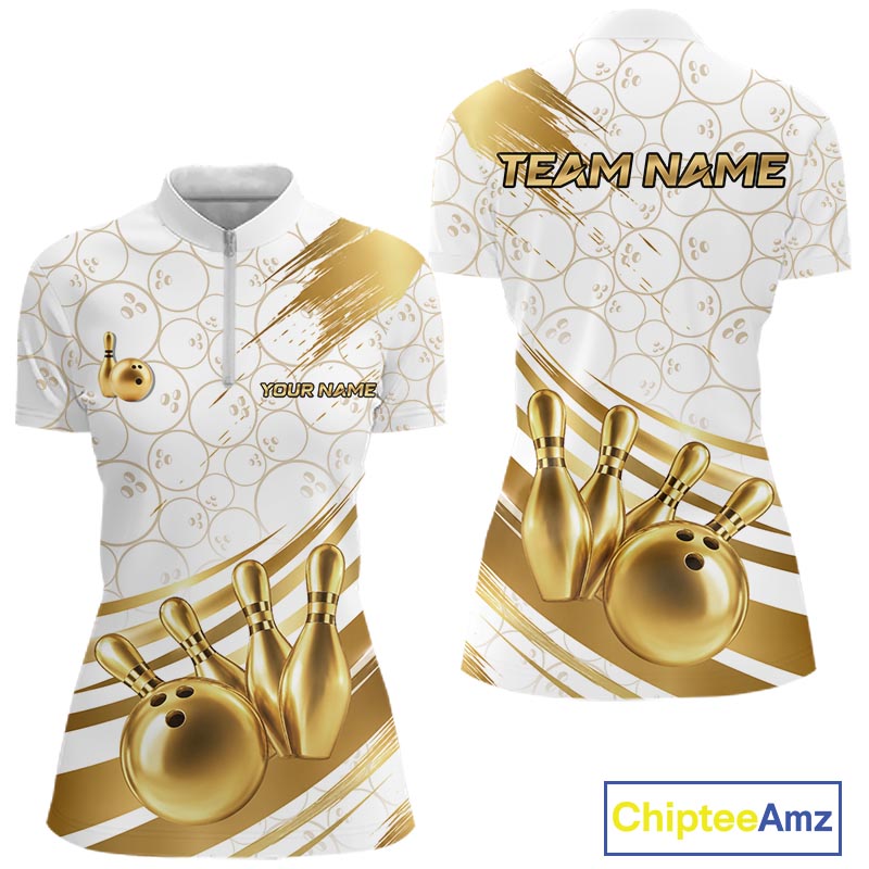 White And Gold Splatter Paint Bowling Shirt For Women Custom Polo Quarter-Zip Bowling Team Jersey NYN4125