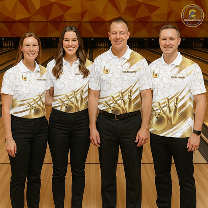 White And Gold Splatter Paint Bowling Shirt For Men Custom Polo Quarter-Zip Bowling Team Jersey NYN4125